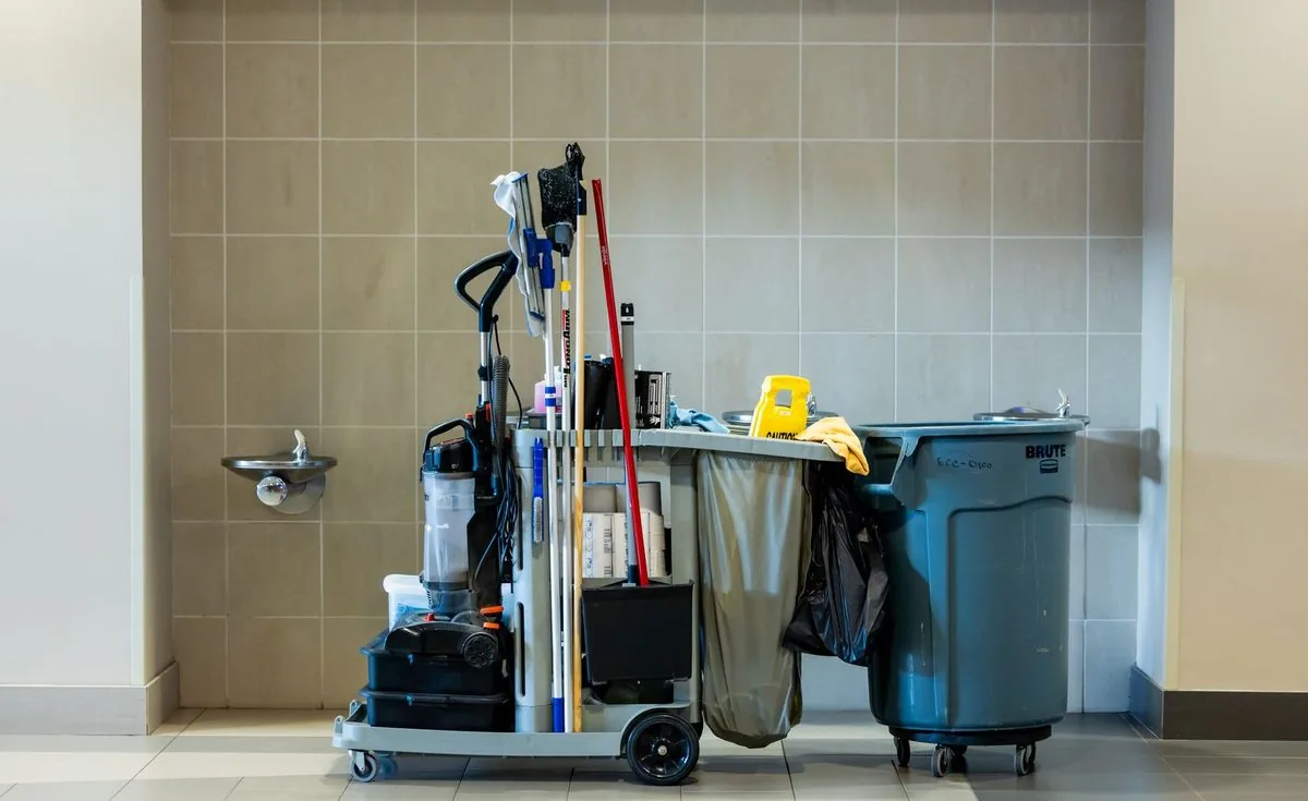 Professional cleaning cart with supplies in a commercial washroom